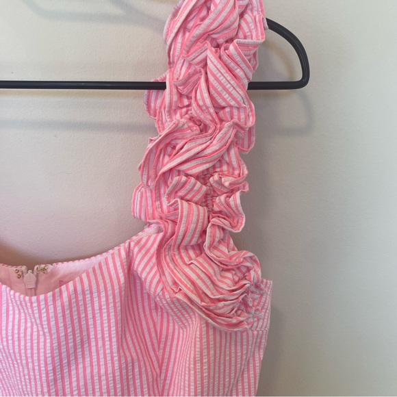 Lilly Pulitzer Pink & White Stripe Seersucker Dress With Ruffle Straps Size 4 - Picture 2 of 7